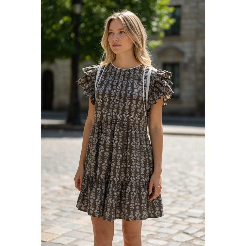 Pinch Brown Printed Ruffle Sleeve Mini Dress